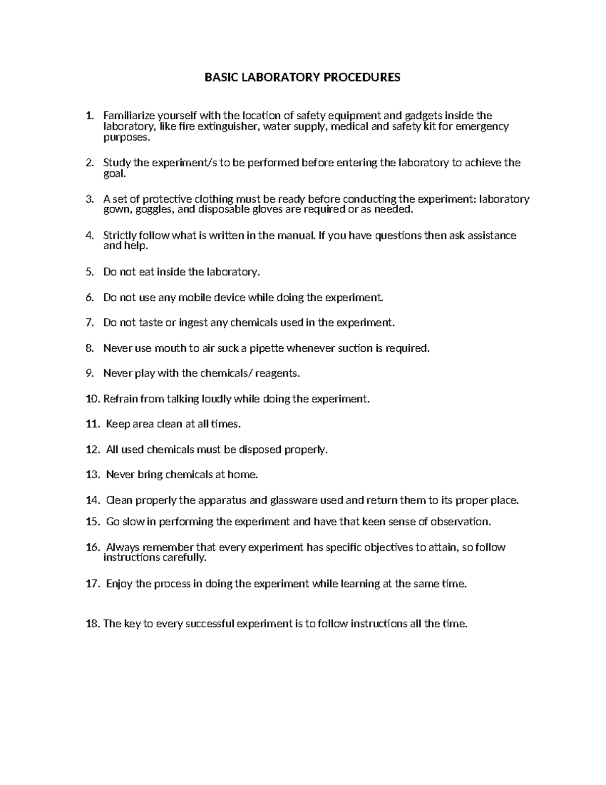 Basic-Laboratory-Procedure - BASIC LABORATORY PROCEDURES 1. Familiarize ...