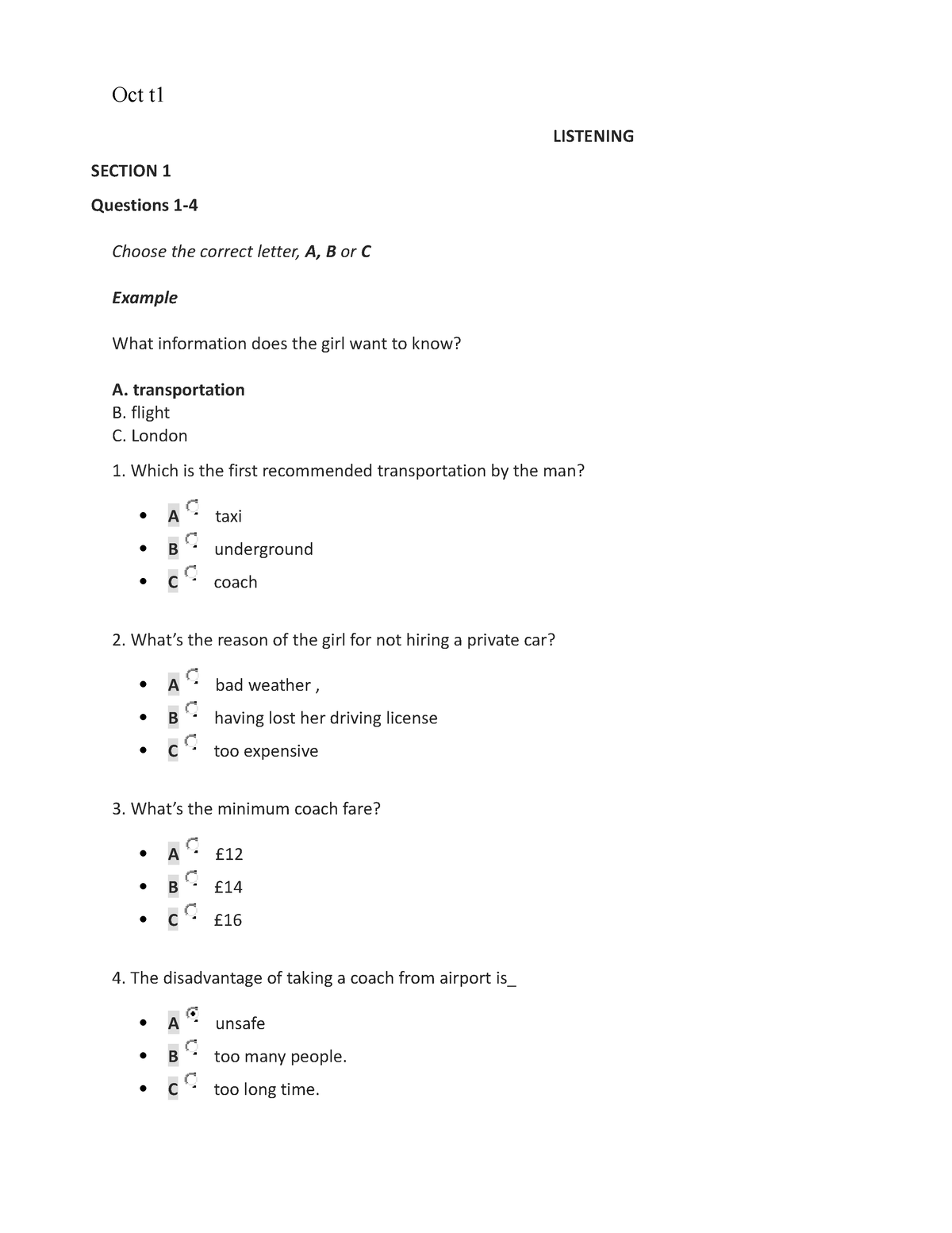 Practice Test 4 Listening Section 1 Questions 1 Choose The Correct Letter A B Or C Example 8978