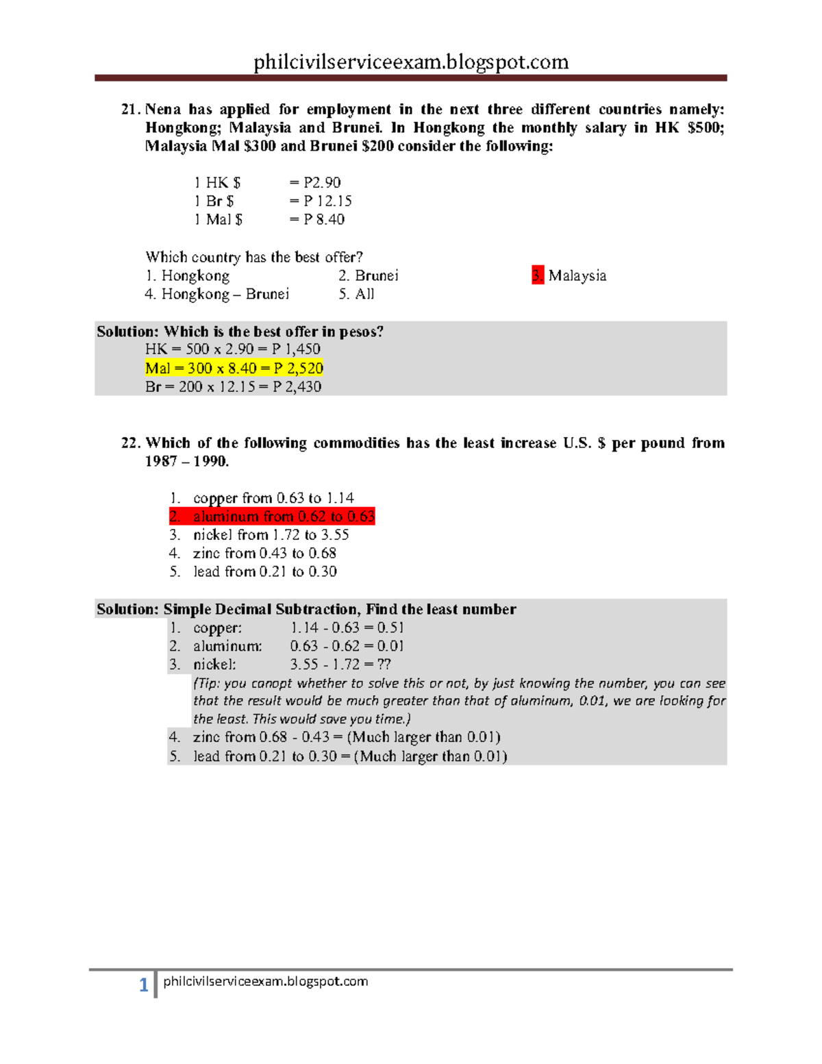 Answers to Items 21 to 40 of the Word Problems for the Part II of the ...