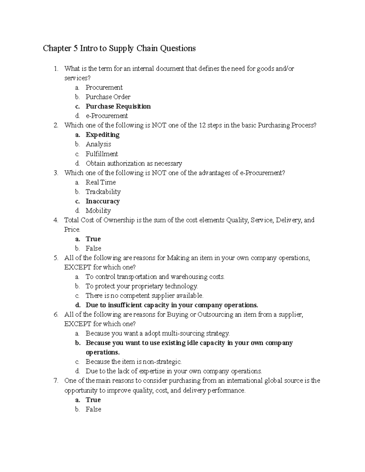 Chapter Five Intro to Supply Chain Questions Chapter 5 Intro to