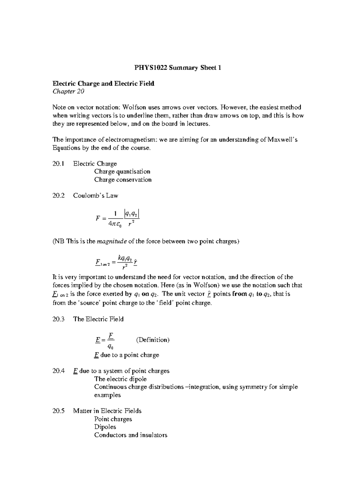 Lecture notes, lectures 1-7 - Summary sheets - Electric Charge and ...