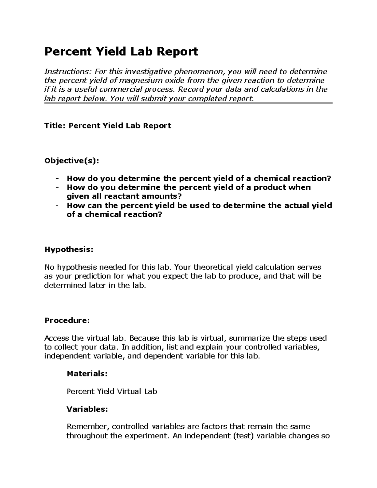5.06 Percent Yield Lab Report Chemistry 1H A. Tipler Percent Yield Lab Report Instructions
