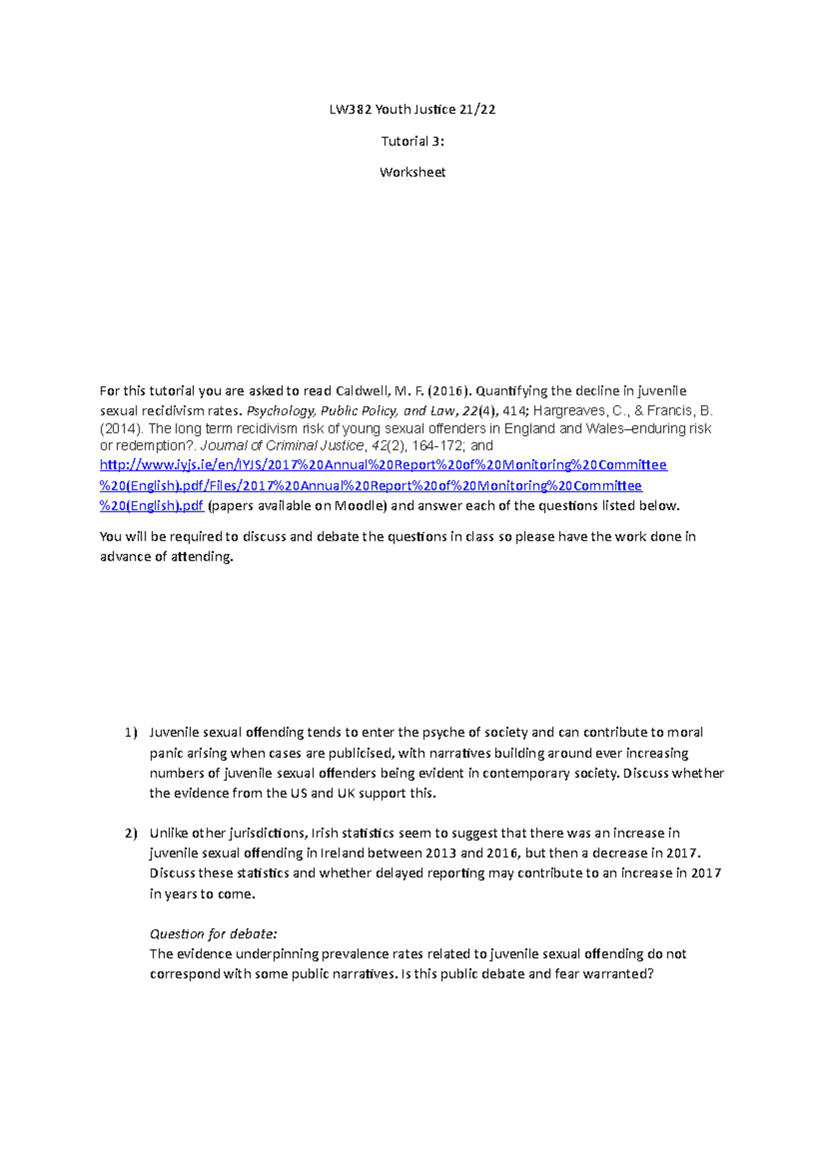 Lw382 Youth Justice Tutorial 3 F 2016 Quantifying The Decline In Juvenile Sexual