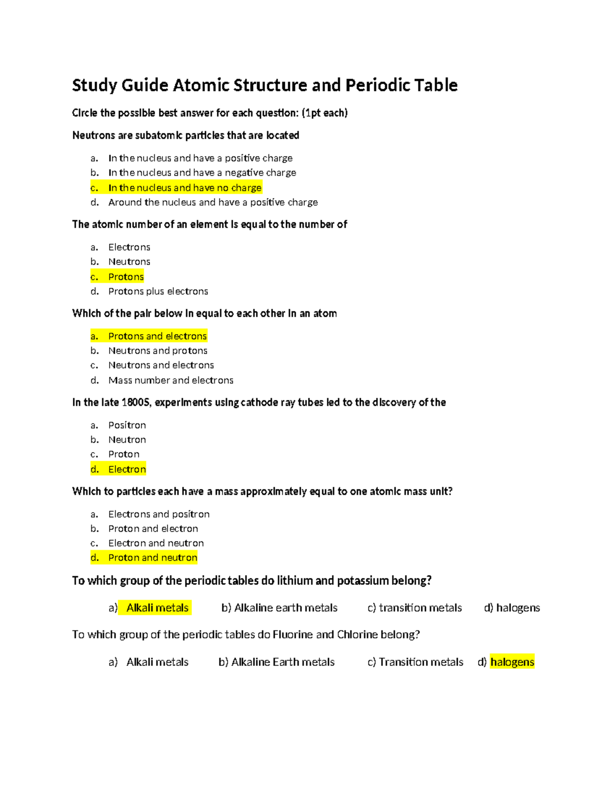 Study Atomic structure & Periodic Table - Study Guide Atomic Structure ...