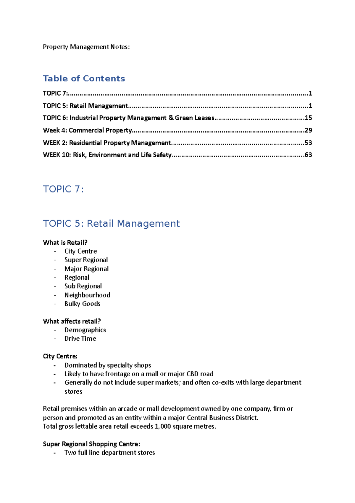 Property Management Summary Notes 2020 Property Management Notes Table of Contents TOPIC