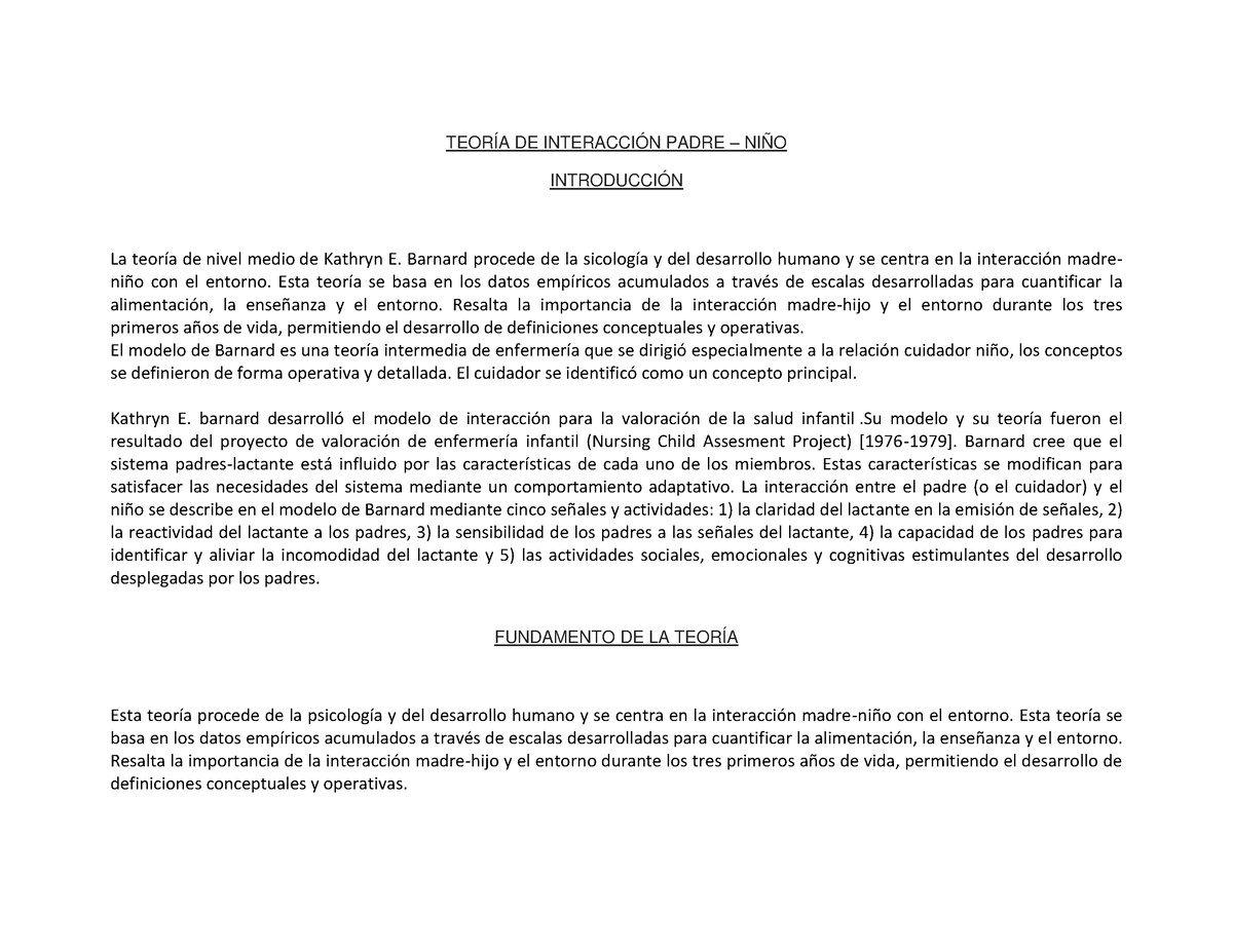 218219970 Modelo de Barnard - TEORÍA DE INTERACCIÓN PADRE – NIÑO  INTRODUCCIÓN La teorÌa de nivel - Studocu