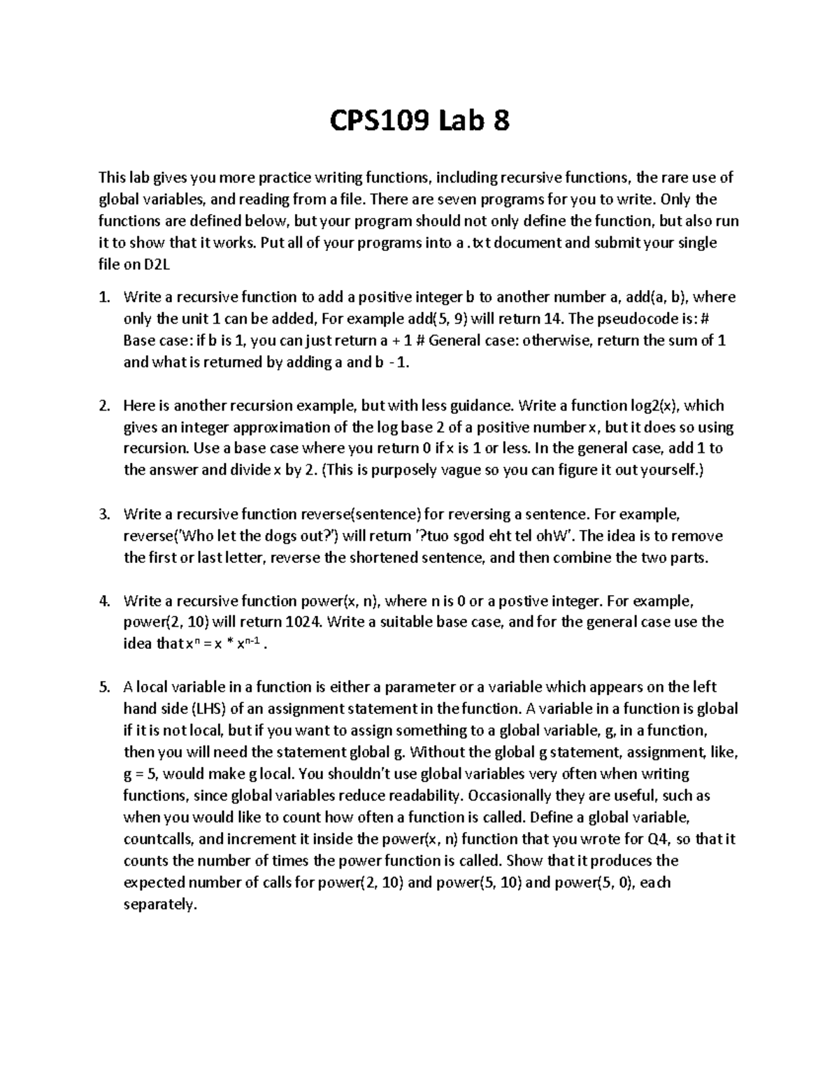 CPS109 Lab 8 - lab8 - CPS 109 Lab 8 This lab gives you more practice ...