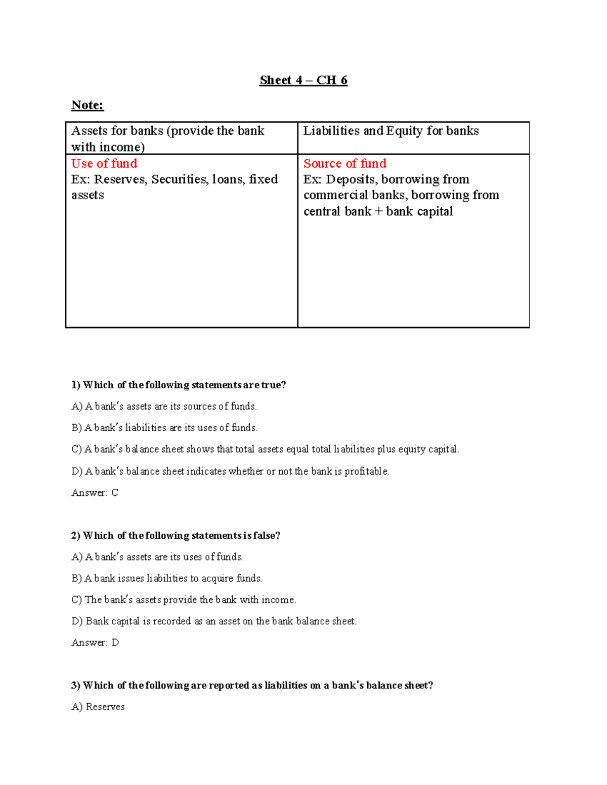 Sheet 4- Ch 6 - Note - Sheet 4 – CH 6 Note: Assets For Banks (provide ...