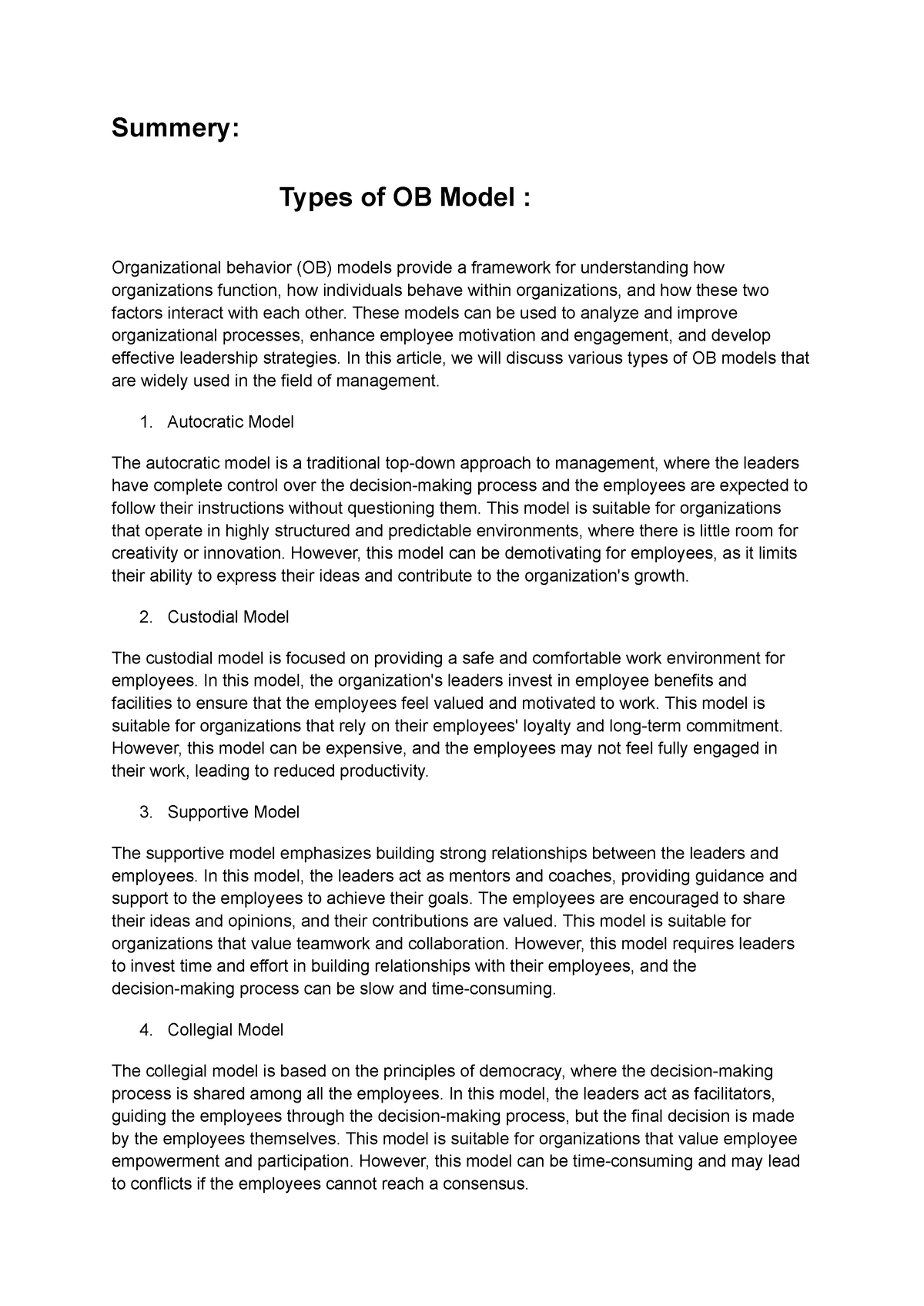 Summery OB Model Summery Types Of OB Model Organizational Behavior   Thumb 1200 1695 