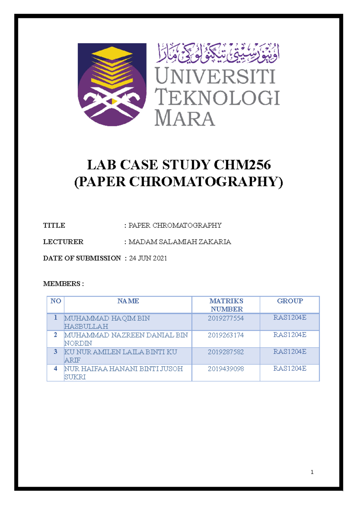 LAB CASE Study CHM256 APPLIED SCIECE - LAB CASE STUDY CHM (PAPER ...