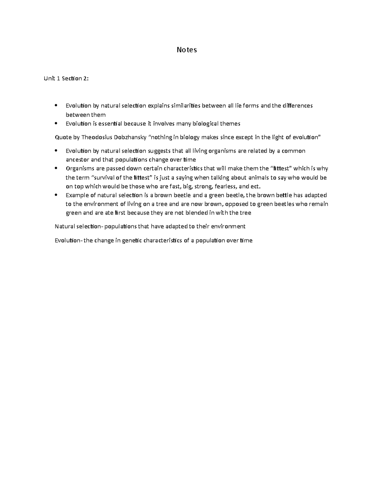 Unit 1 Sec. 2 Notes - Notes Unit 1 Section 2: Evolution by natural ...