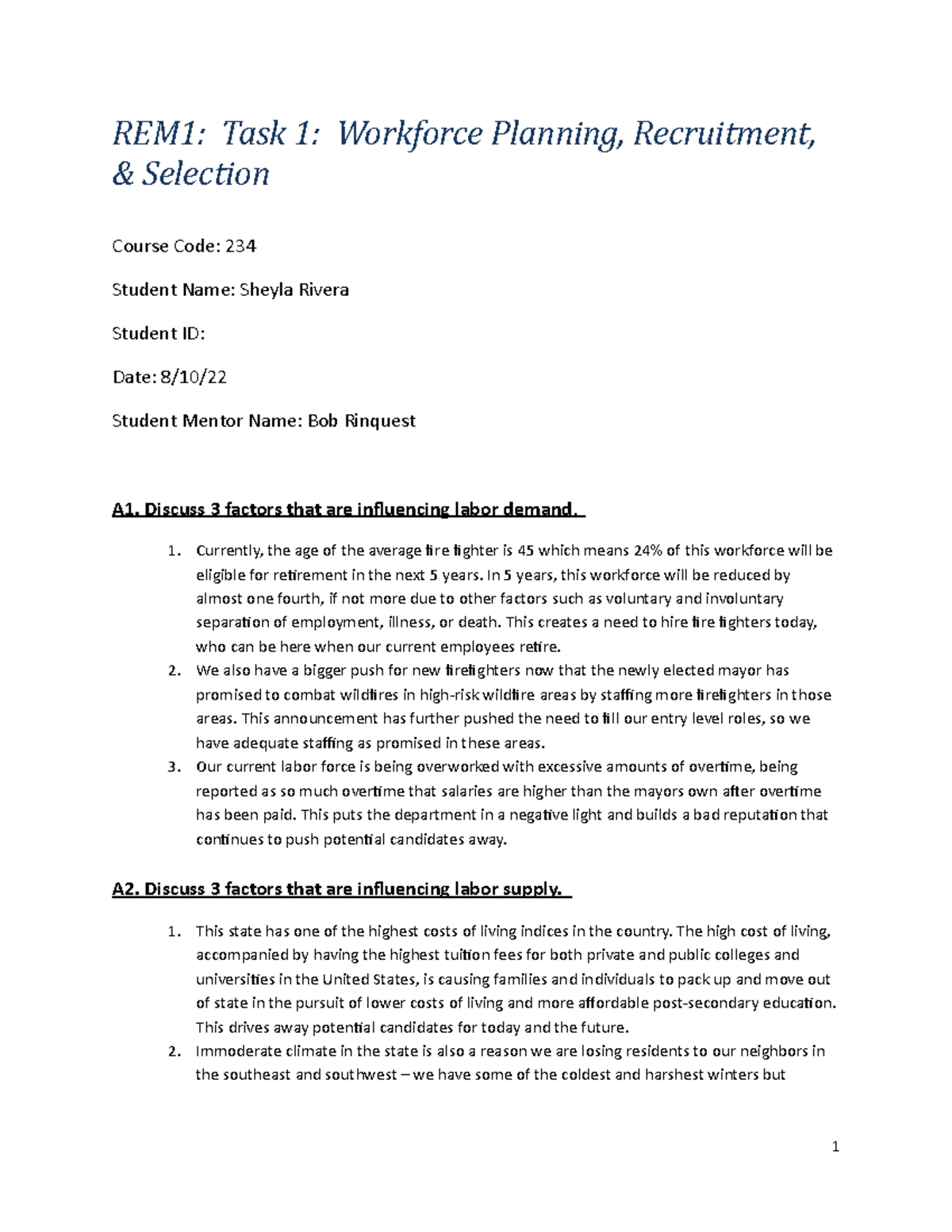 C234 Task 1 - C234 Task 1 - REM1: Task 1: Workforce Planning ...