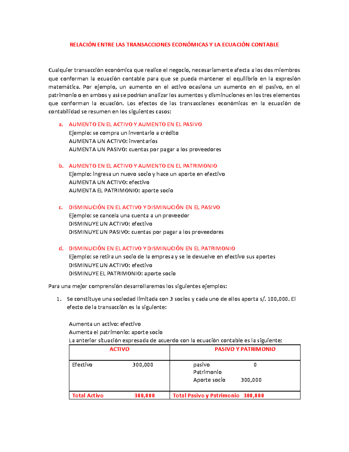 Casos Ecuación Contable - RELACI”N ENTRE LAS TRANSACCIONES ECON”MICAS Y ...