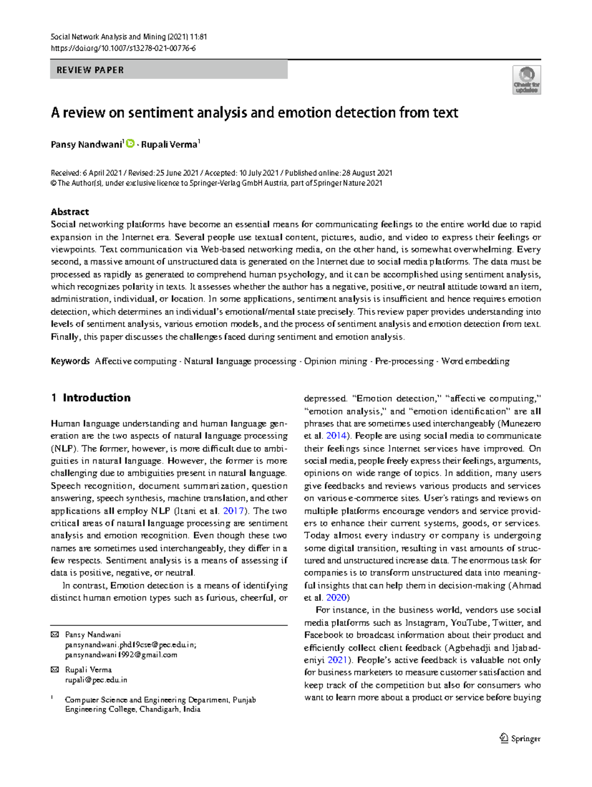 A review on sentiment analysis and emotion detection from text - Vol ...
