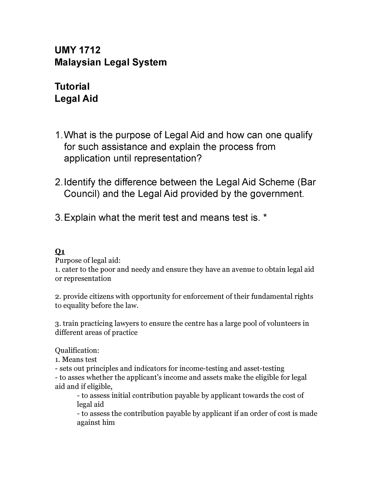 Copy Of UMY1712 Tutorial Legal AID - UMY 1712 Malaysian Legal System ...