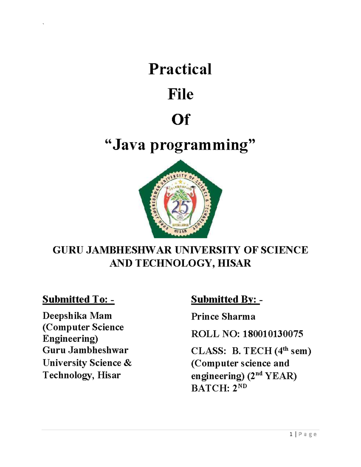 Prince Sharma 180010130075 - Practical File Of “Java programming” GURU ...