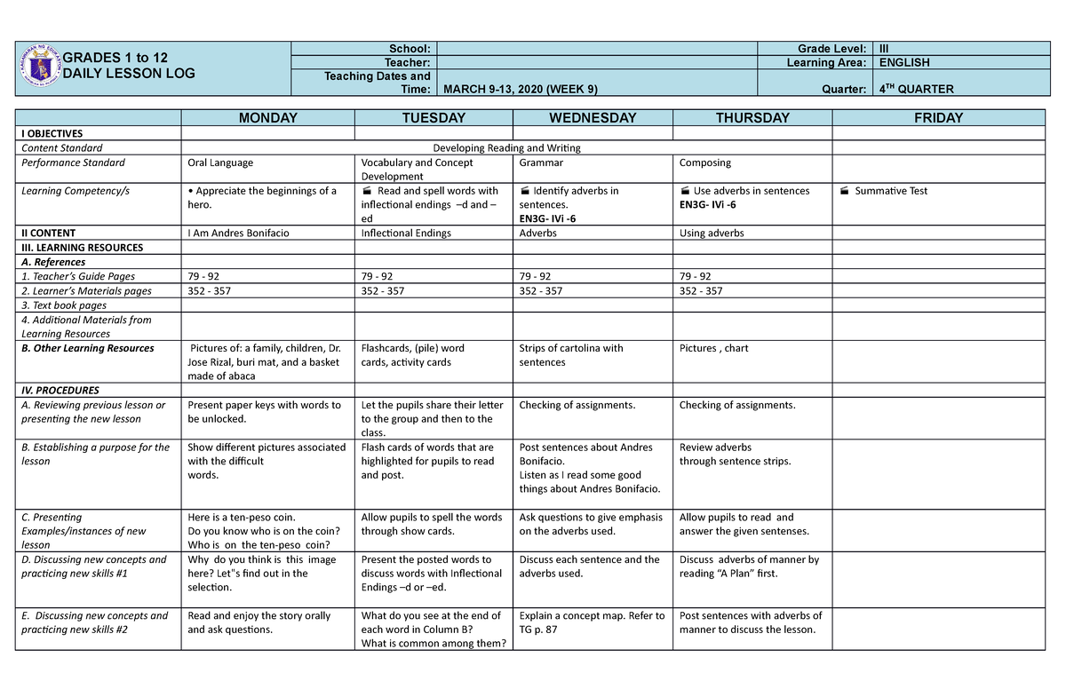 English-3 Q4 W9-DLL - DLL - Teacher Education - Studocu