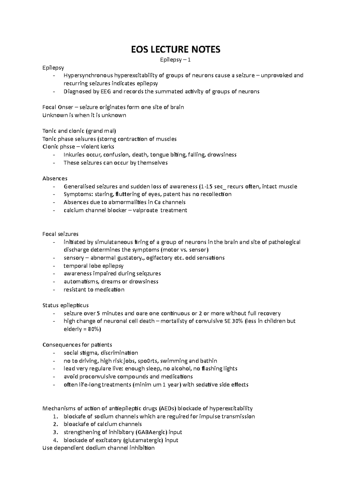 EOS Lecture Notes EOS LECTURE NOTES Epilepsy 1 Epilepsy