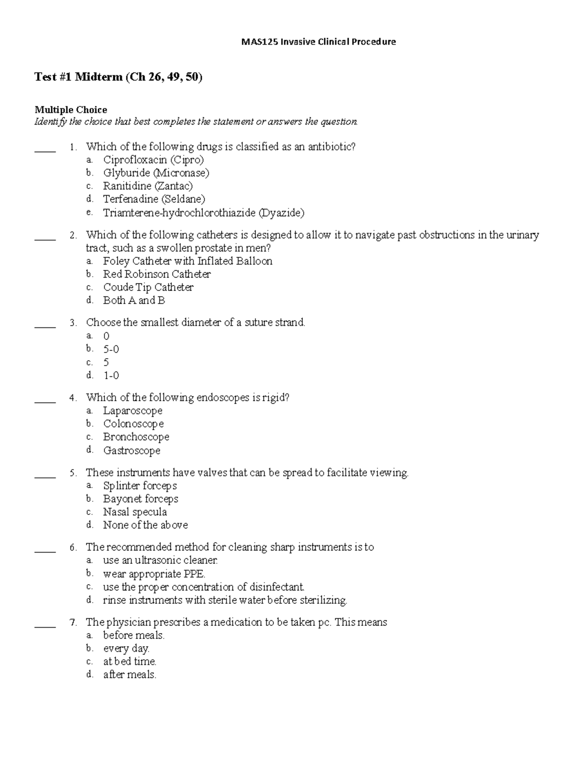 Test 1 Midterm Student B - Test #1 Midterm (Ch 26, 49, 50) Multiple ...