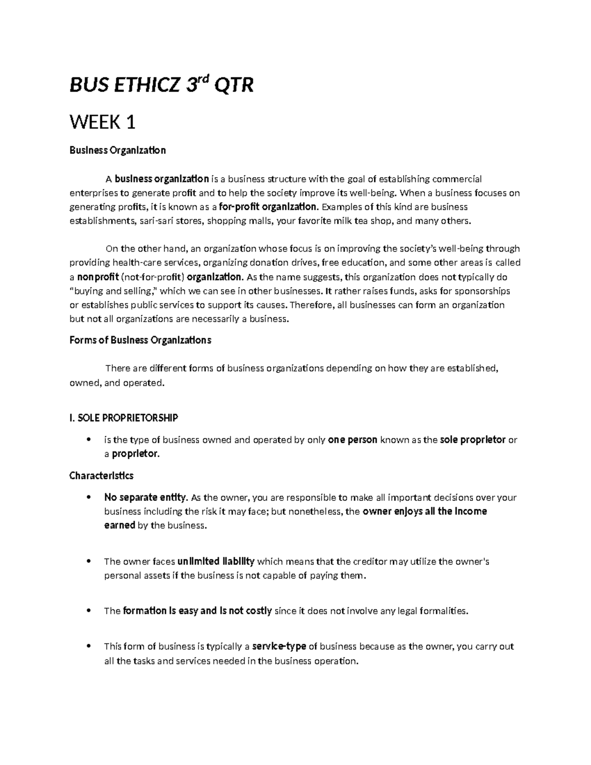 Business ethics - BUS ETHICZ 3 rd QTR WEEK 1 Business Organization A ...