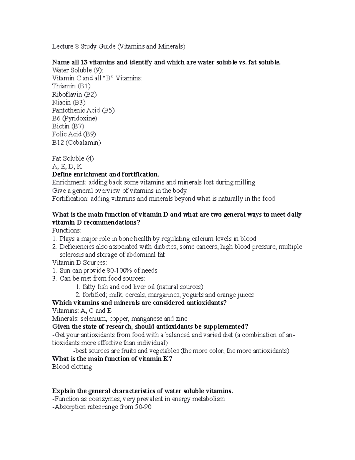Lecture 8 Study Guide (Vitamins and Minerals) Lecture 8 Study Guide