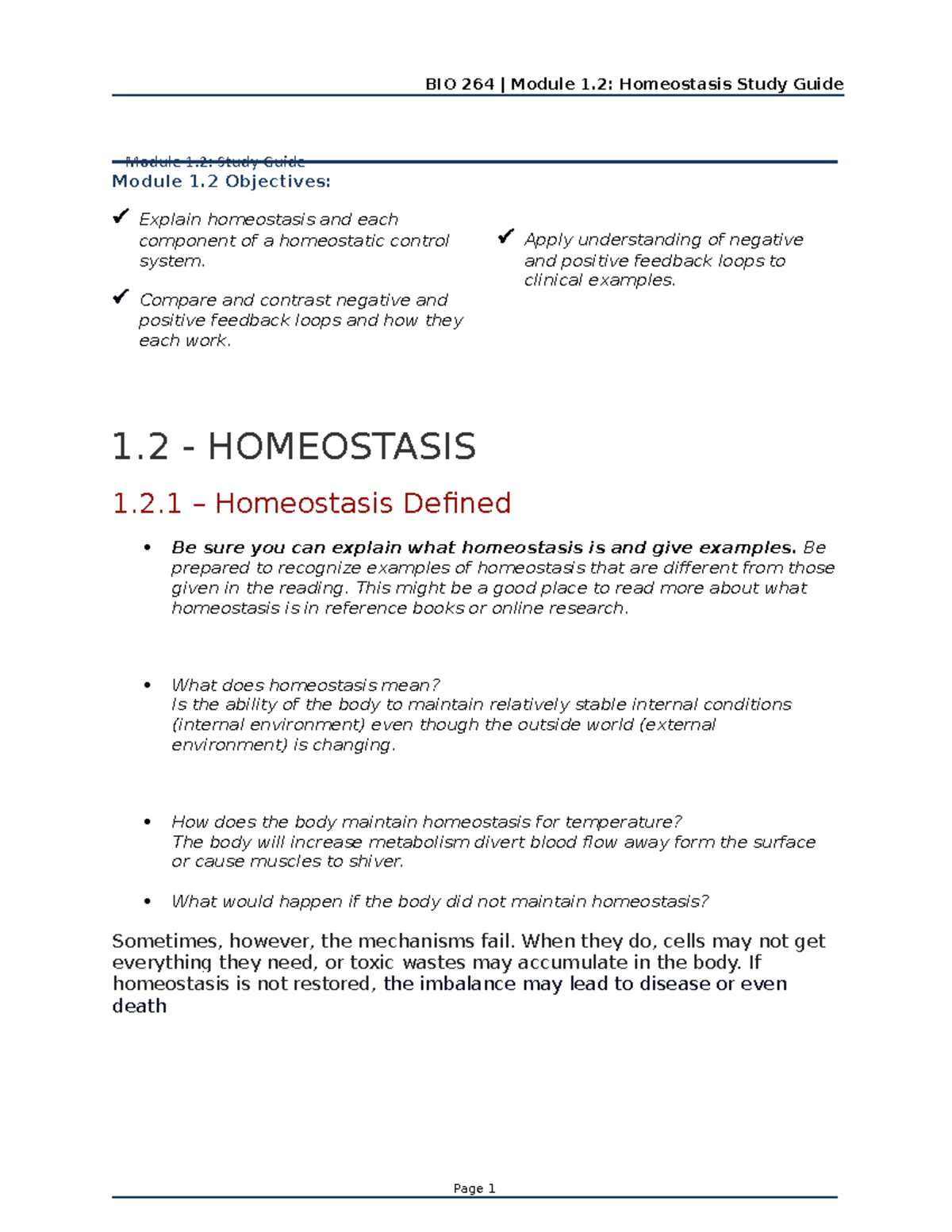 Study Guide Module Objectives Explain Homeostasis And Each