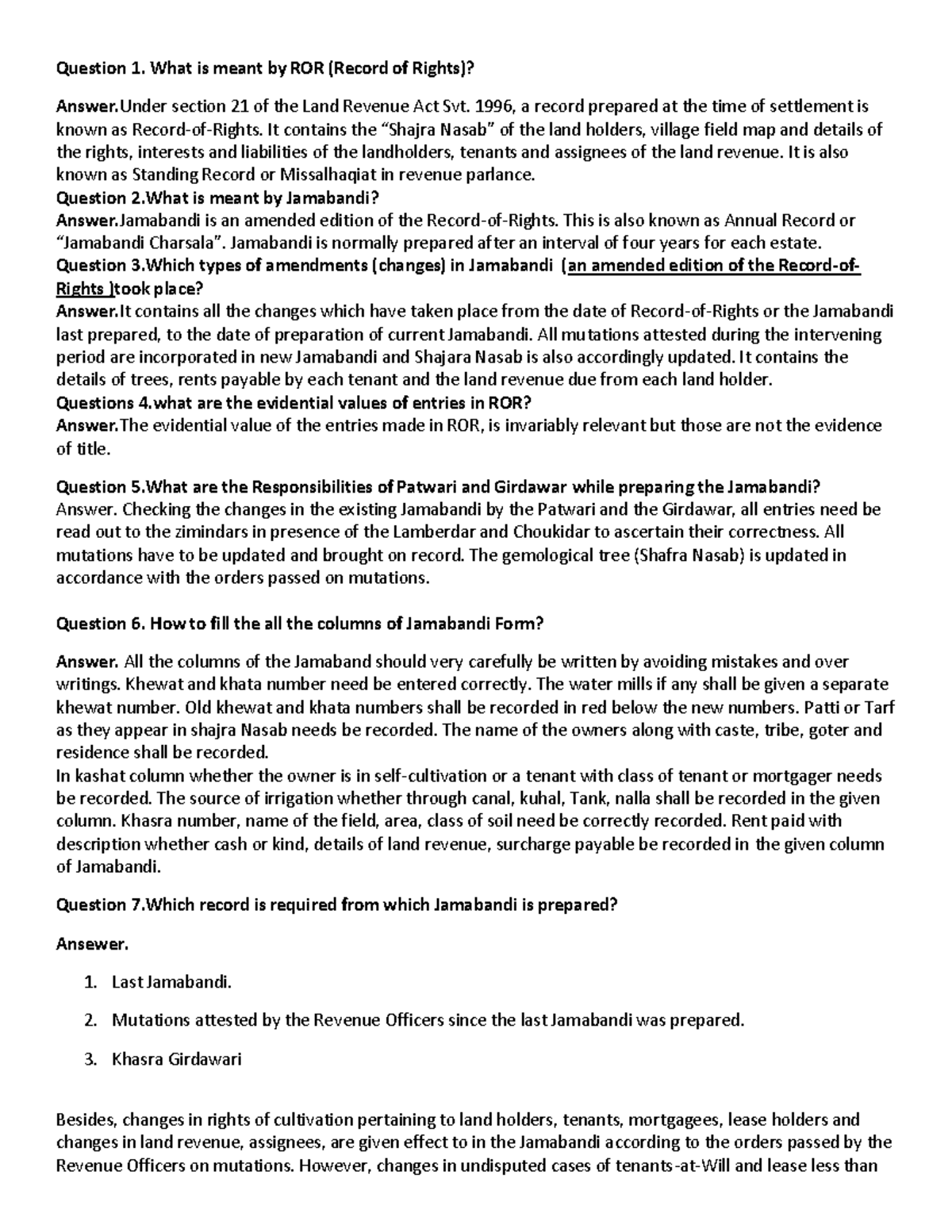 LAND LAW ROR - Question 1. What is meant by ROR (Record of Rights ...