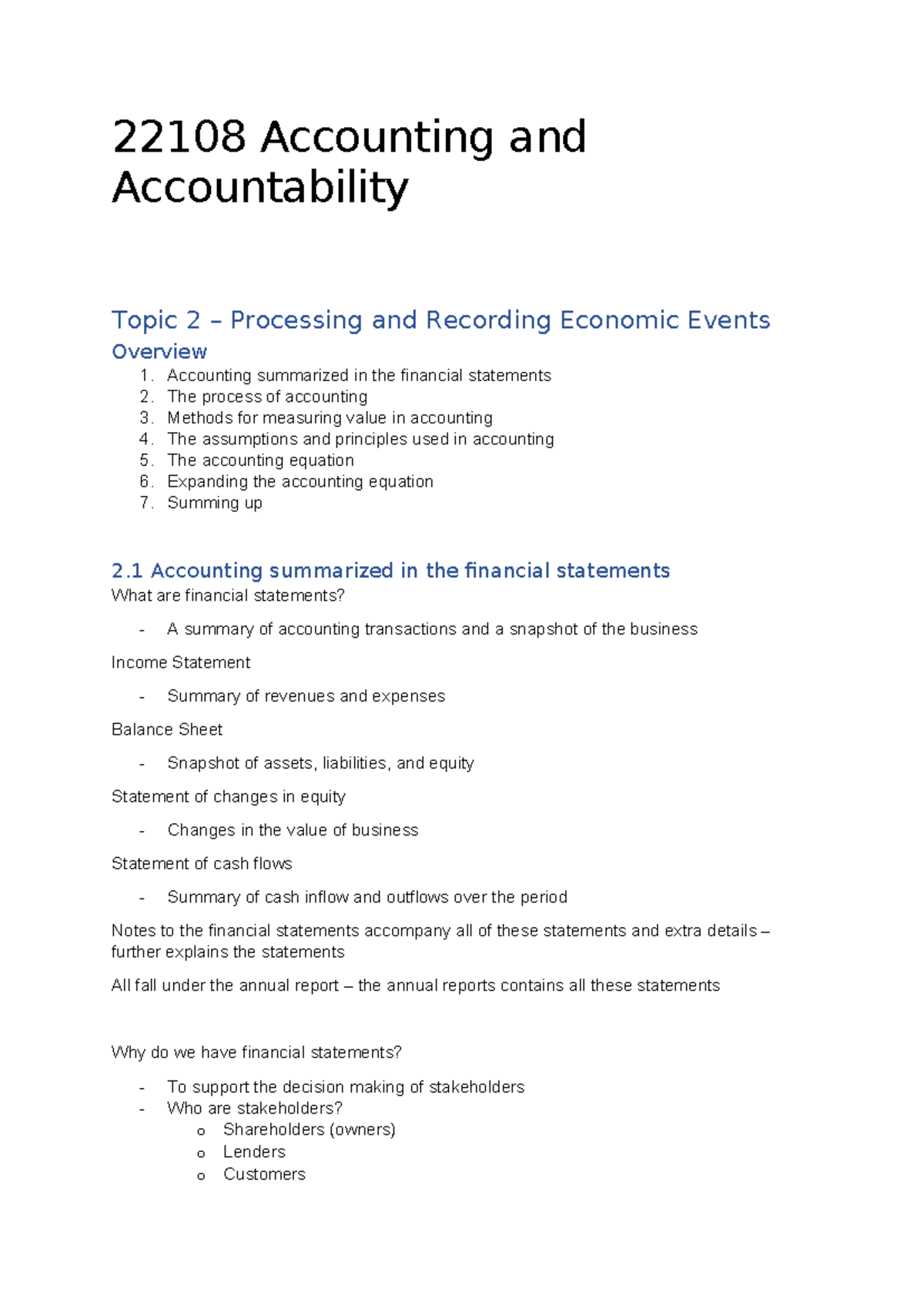 Learning Content - Notes - 22108 Accounting and Accountability Topic 2 ...
