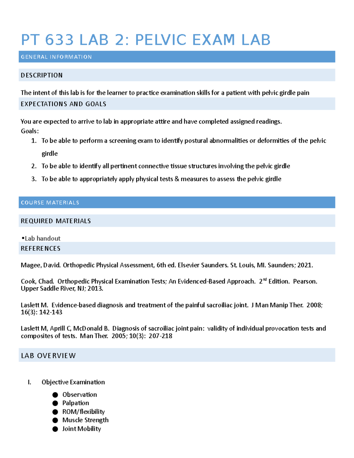 Lab on Pelvic Examination PT 633 LAB 2 PELVIC EXAM LAB GENERAL