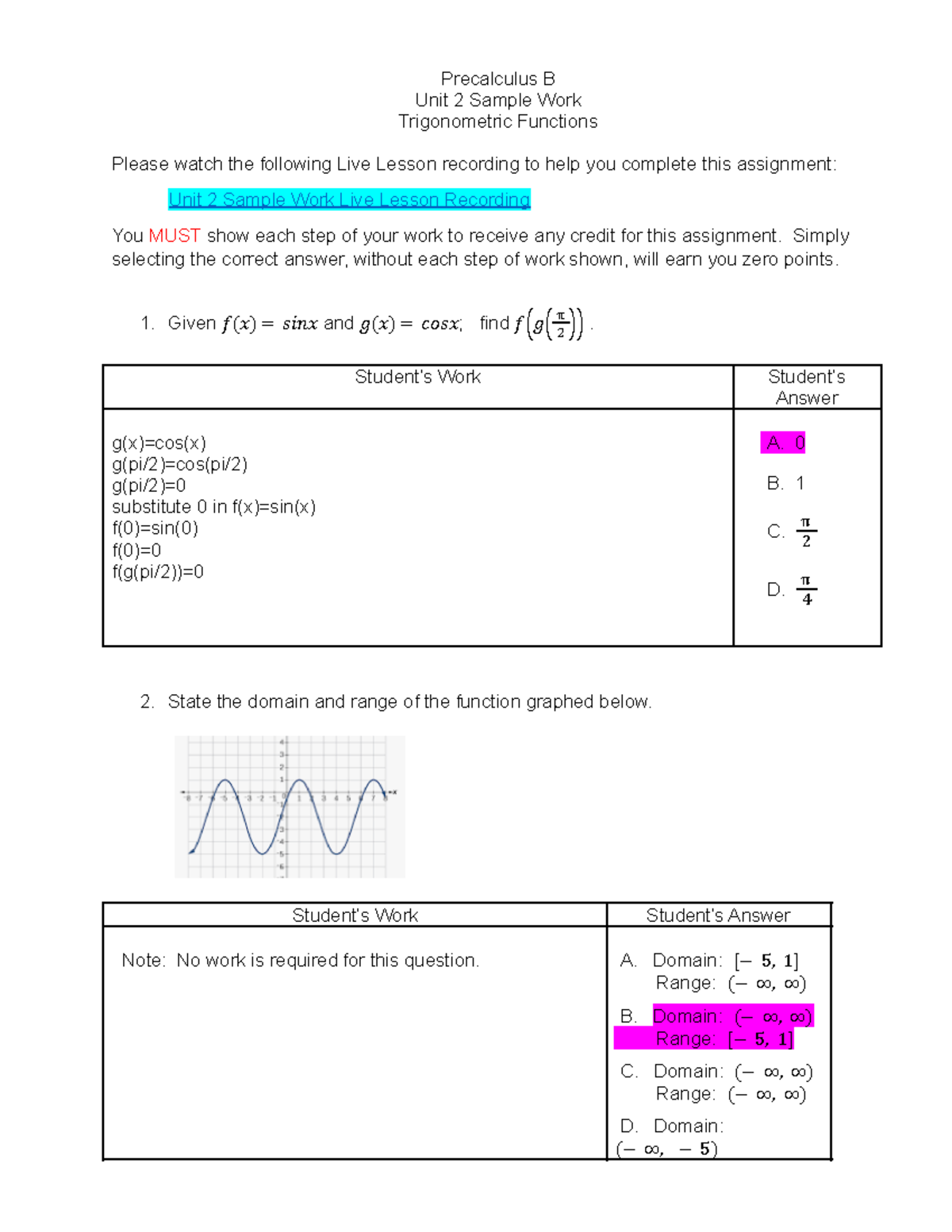 Copy Of Precalculus B - U2 Trigonometric Functions Sample Work ...