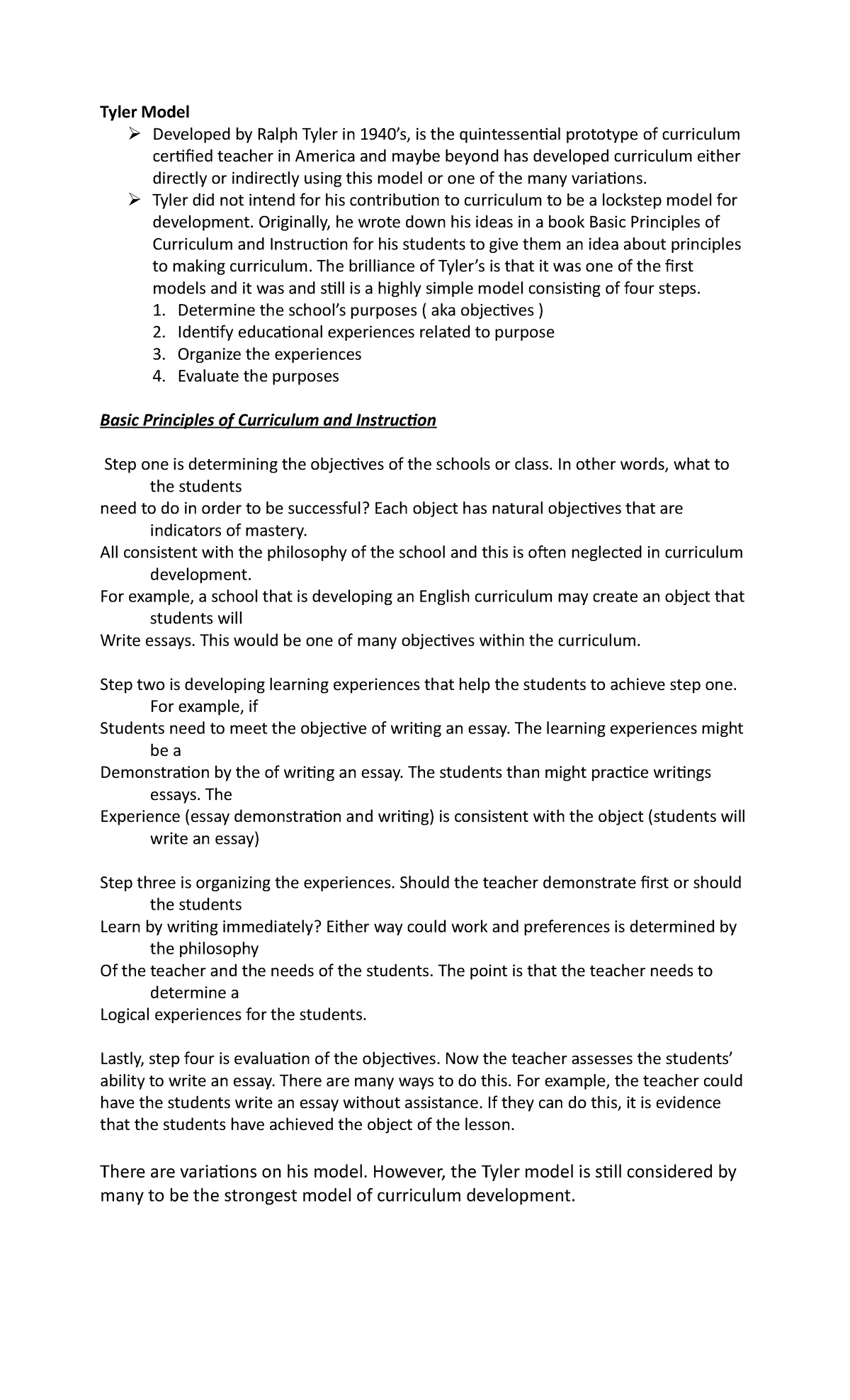 Curriculum - CONFIDENTIAL - Tyler Model Developed by Ralph Tyler in ...