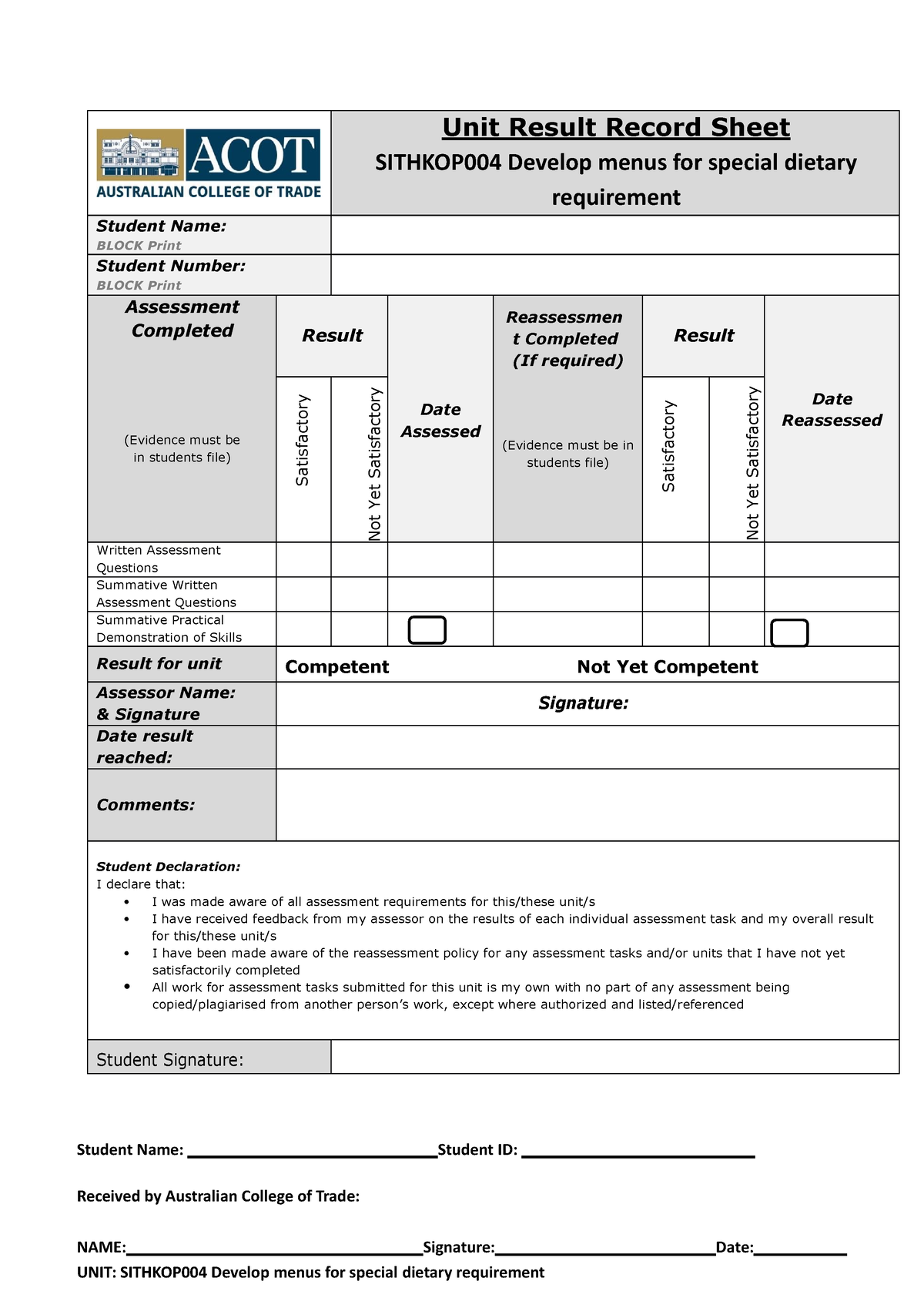 assignment result sheet