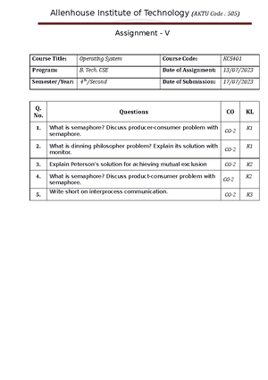 OS KCS401 Assignment 4 - Assignment - IV Course Title: Operating System ...