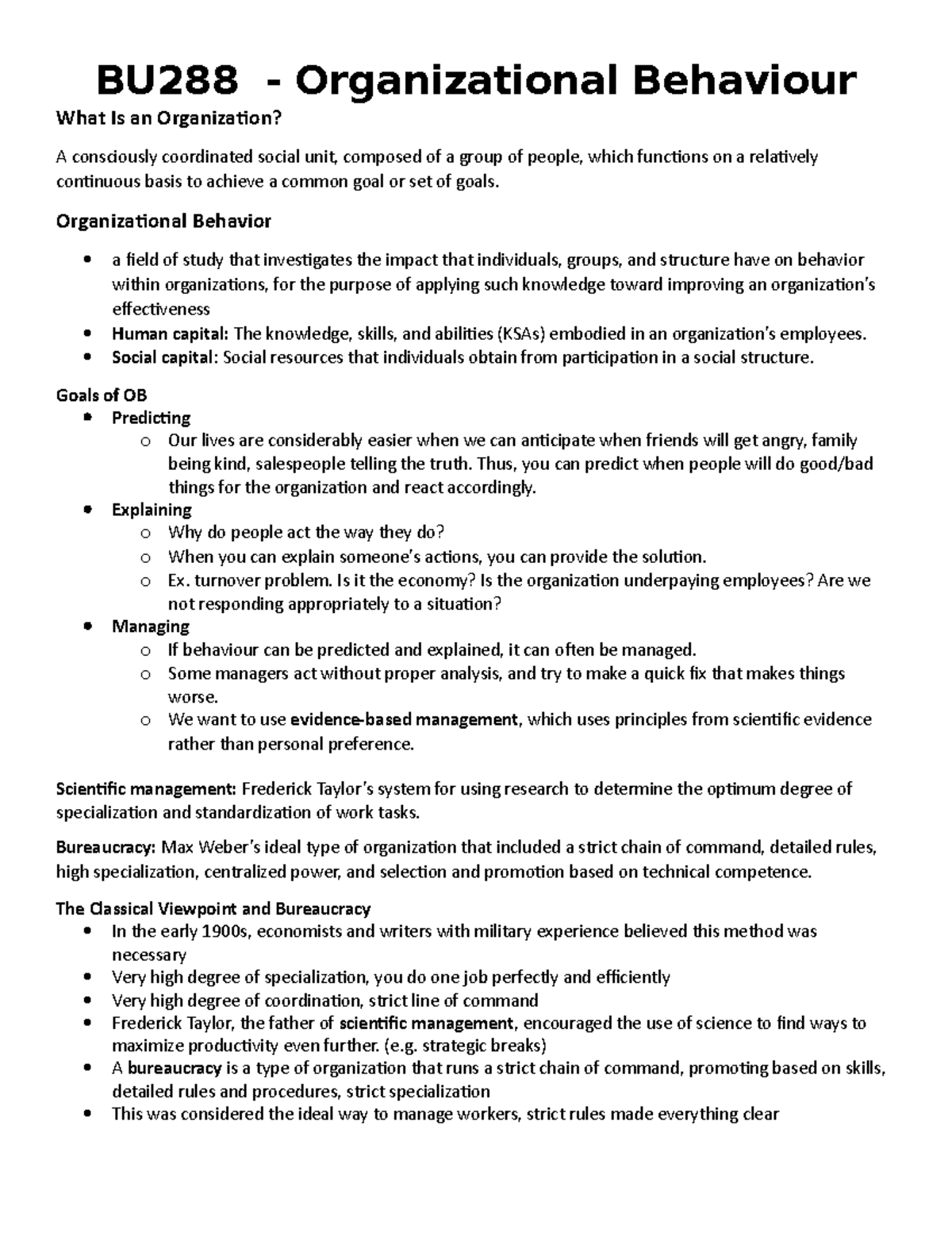 BU288 Notes Midterm 1 - BU288 - Organizational Behaviour What Is an ...