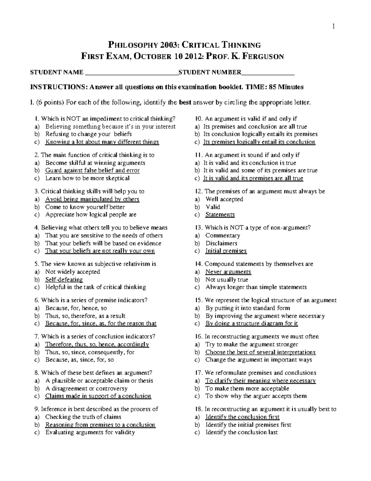 Exam October 1, 2012, questions - PHILOSOPHY 2003 : CRITICAL THINKING ...