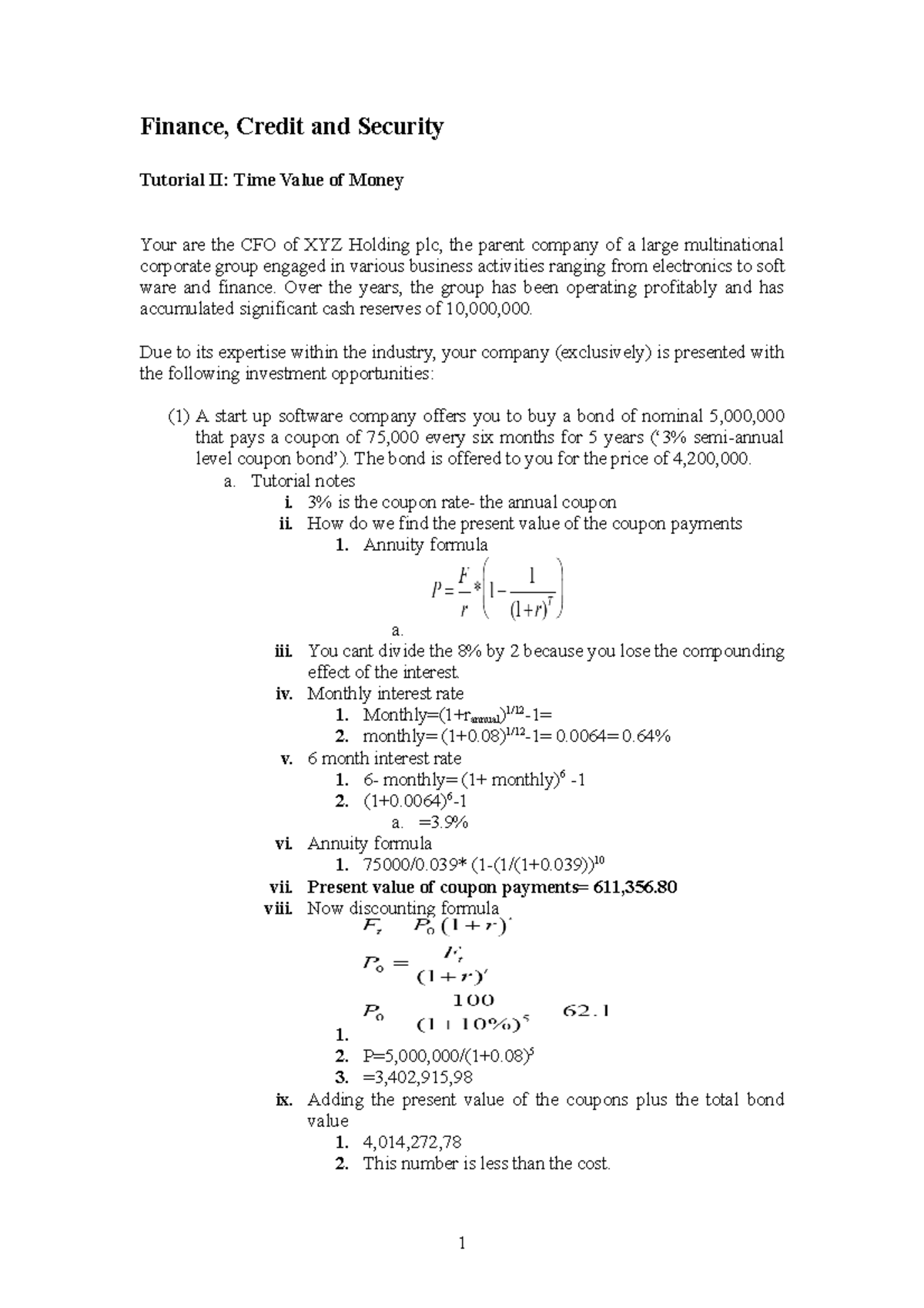 Tutorial 2: calculations - Finance, Credit and Security Tutorial II ...