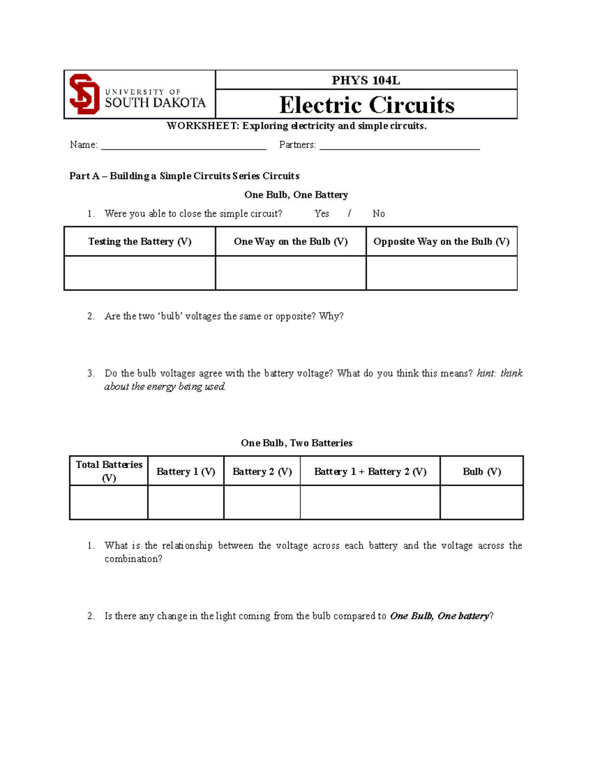 104L 6 Worksheet Electric Circuits Copy PHYS 104L Electric Circuits WORKSHEET Exploring