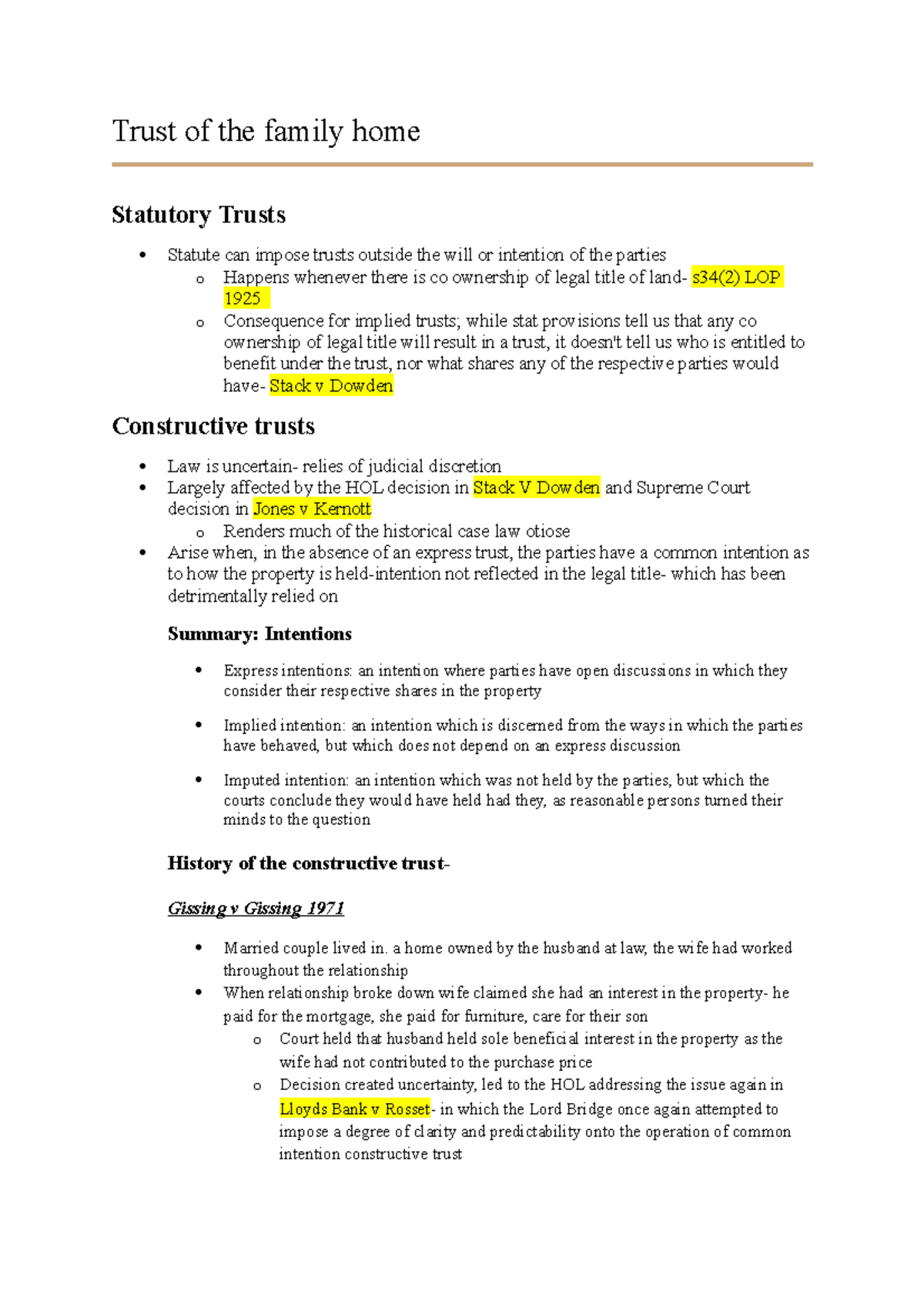 Trust of the family home - 6FFLK003 - KCL - Studocu