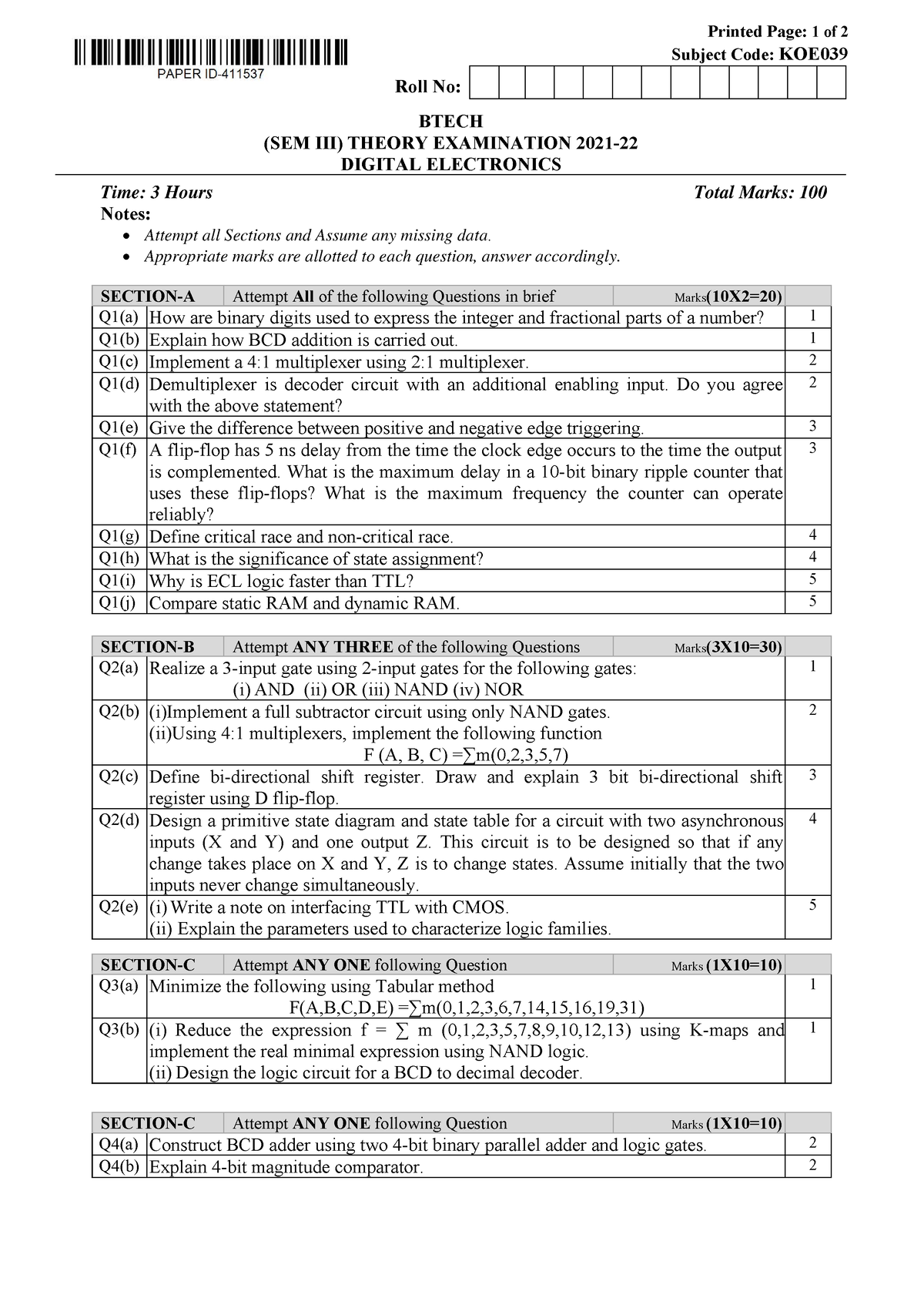 LAST YEAR Paper - Yess - Printed Page: 1 of 2 Subject Code: KOE 0 Roll ...