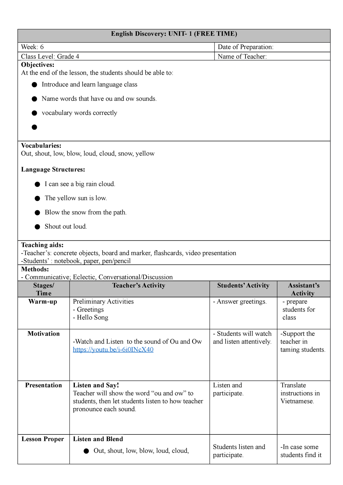 English Discovery Grade 4 - Week 6 - Tiếng anh cơ bản 1 - AOF - Studocu