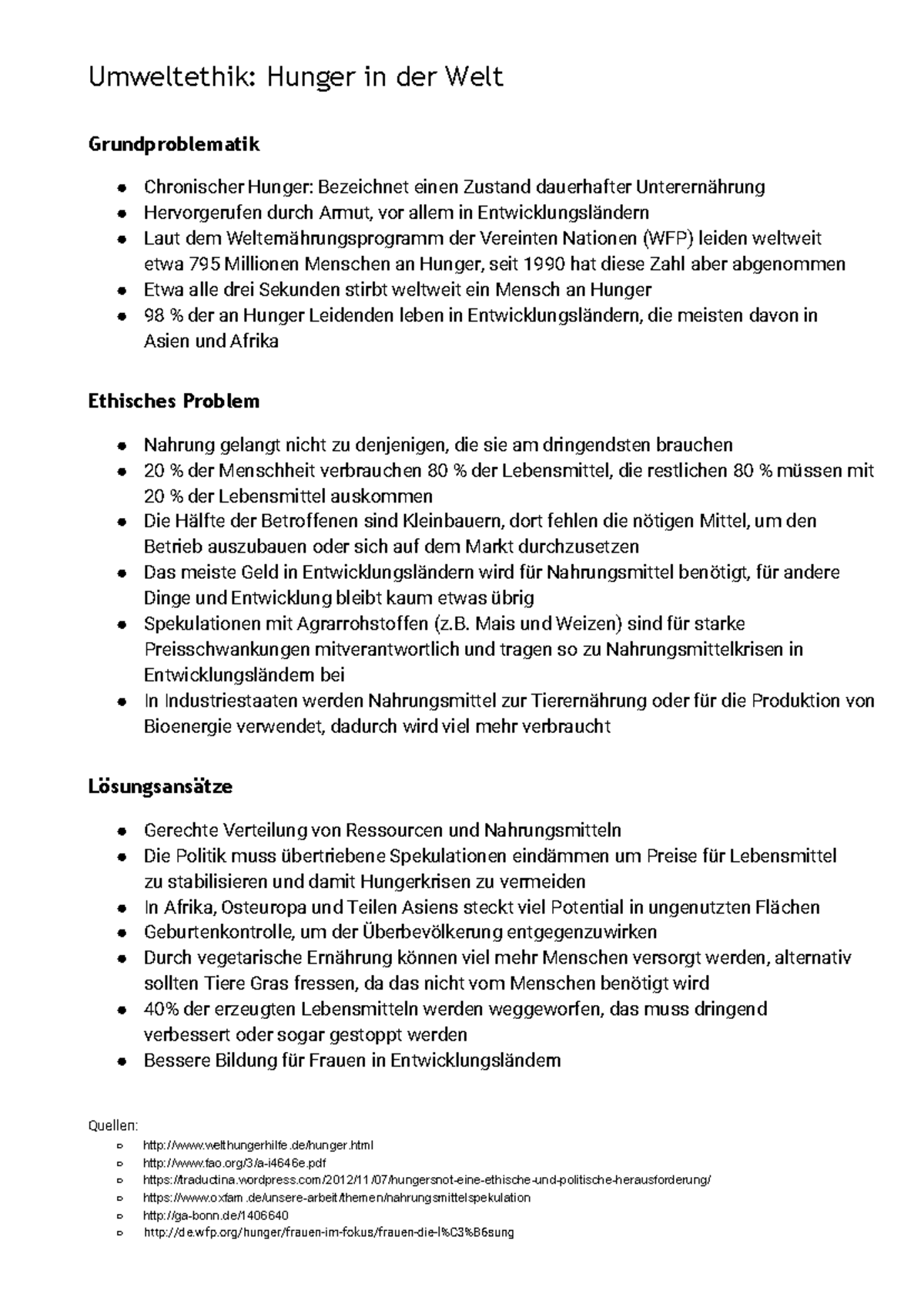Welthunger Prasentation Handout Umweltethik Hunger In Der Welt Grundproblematik Studocu