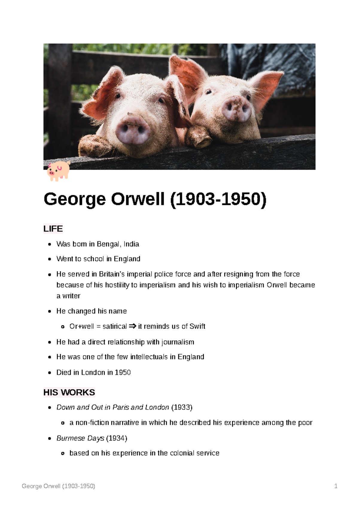 George Orwell - 🐖 George Orwell (1903-1950) LIFE Was born in Bengal ...