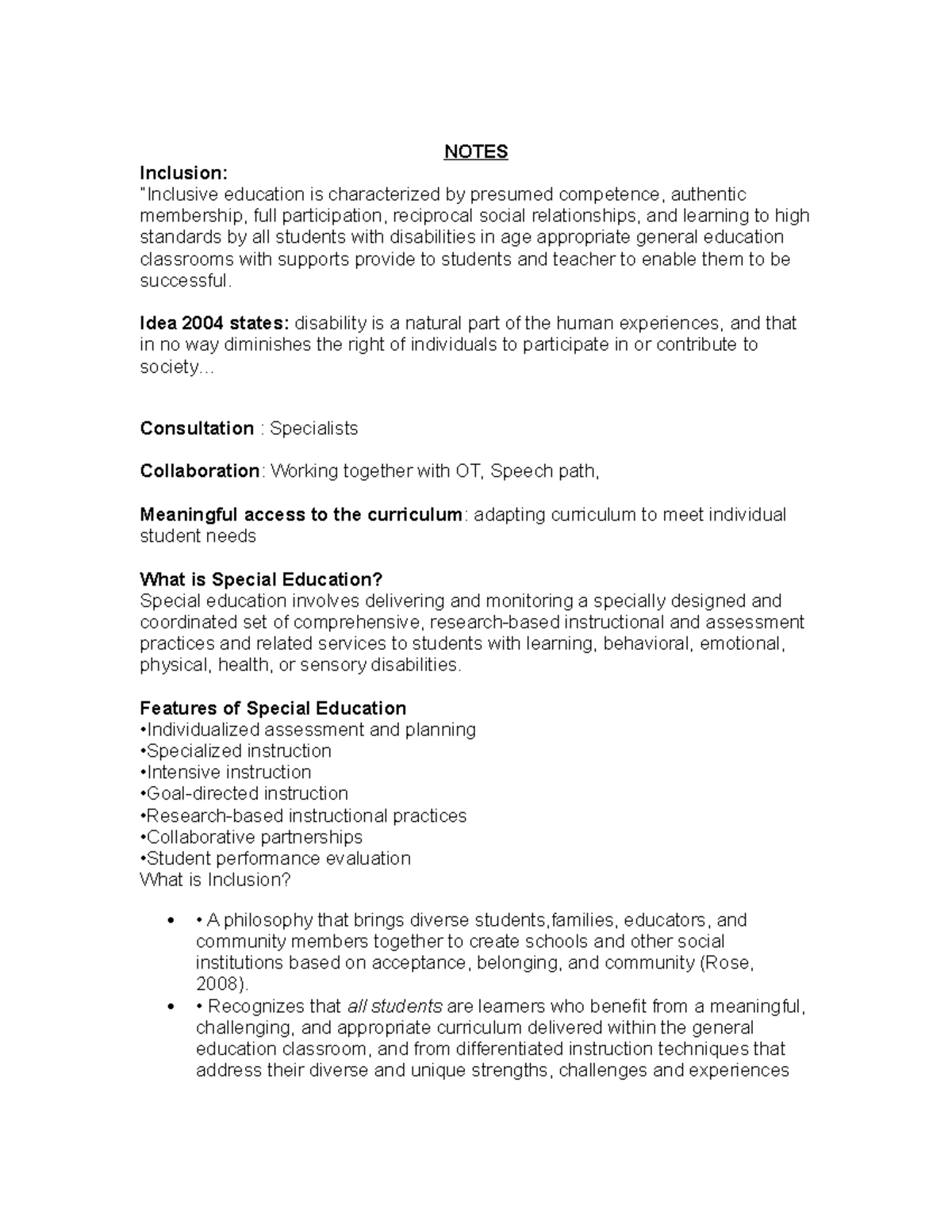 Inclusion notes - NOTES Inclusion: education is characterized presumed ...