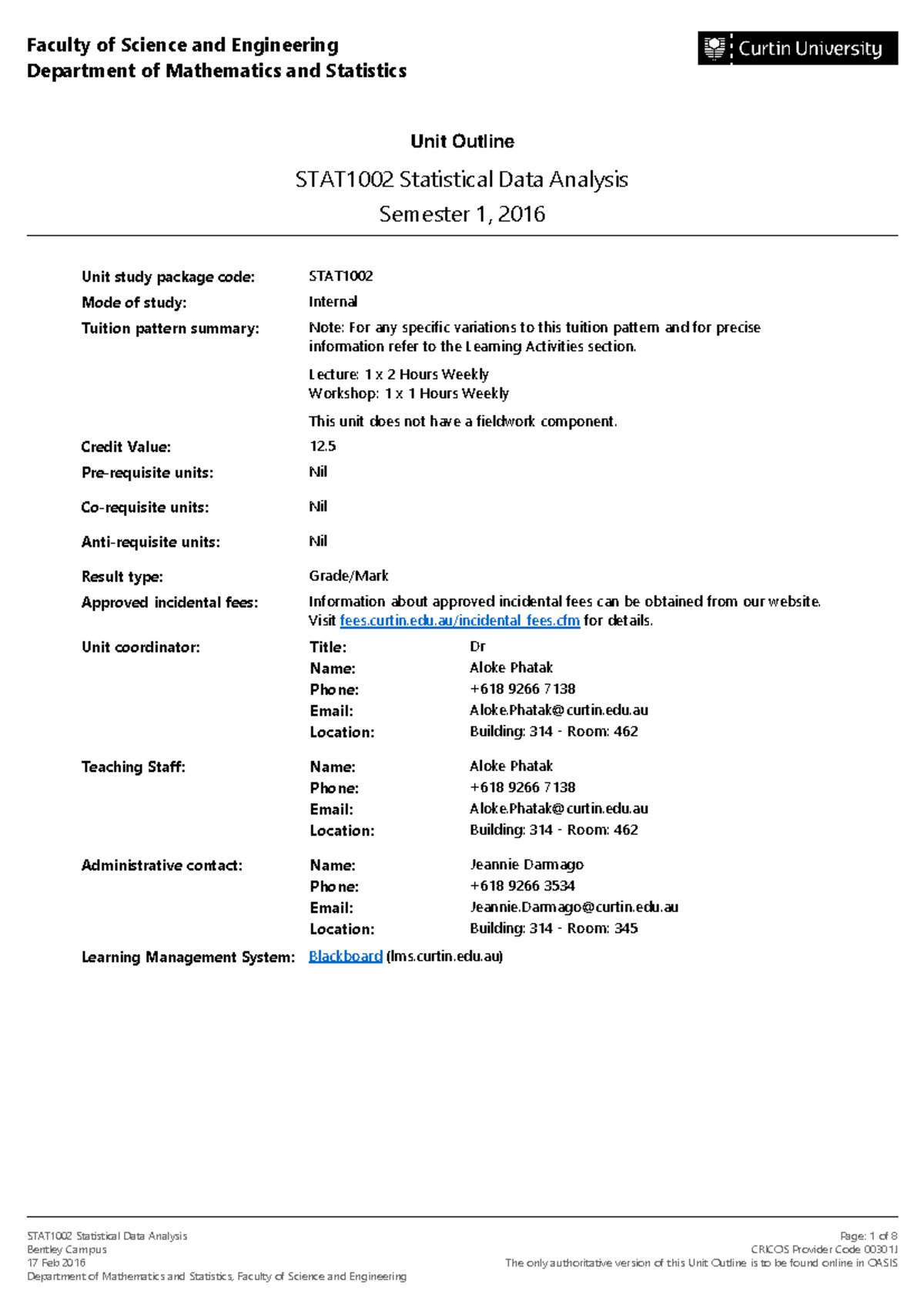 STAT1002 Statistical Data Analysis Semester 1 2016 Bentley Campus INT ...