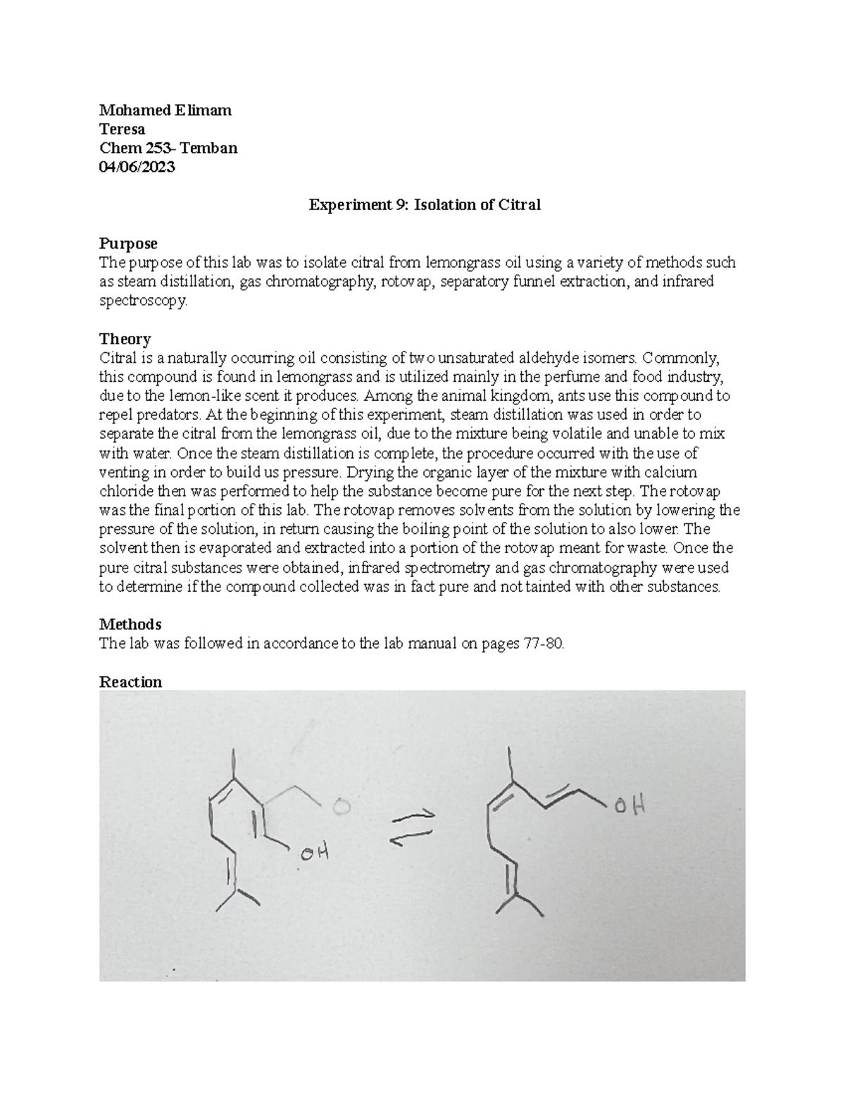 Experiment 9 isolation of citral from lemongrass oil lab report