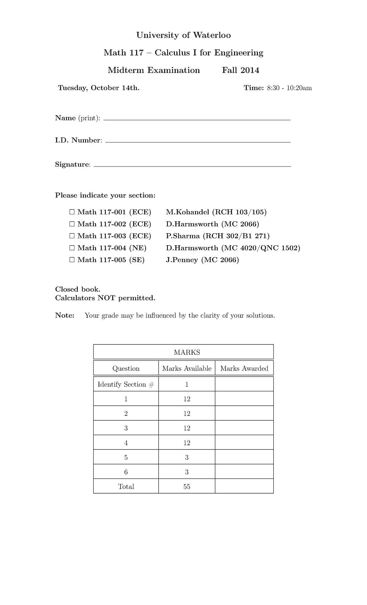 Midterm October, questions - University of Waterloo Math 117 – Calculus ...