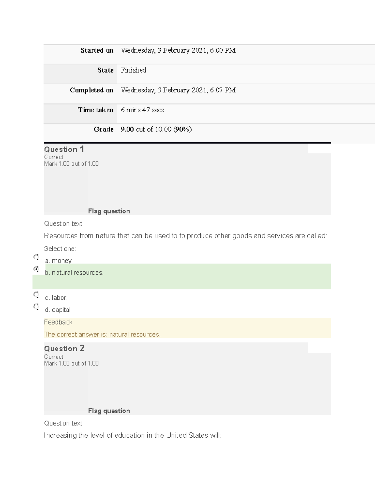 ECON 1580 Self Quiz chapter 2 - Started on Wednesday, 3 February 2021 ...