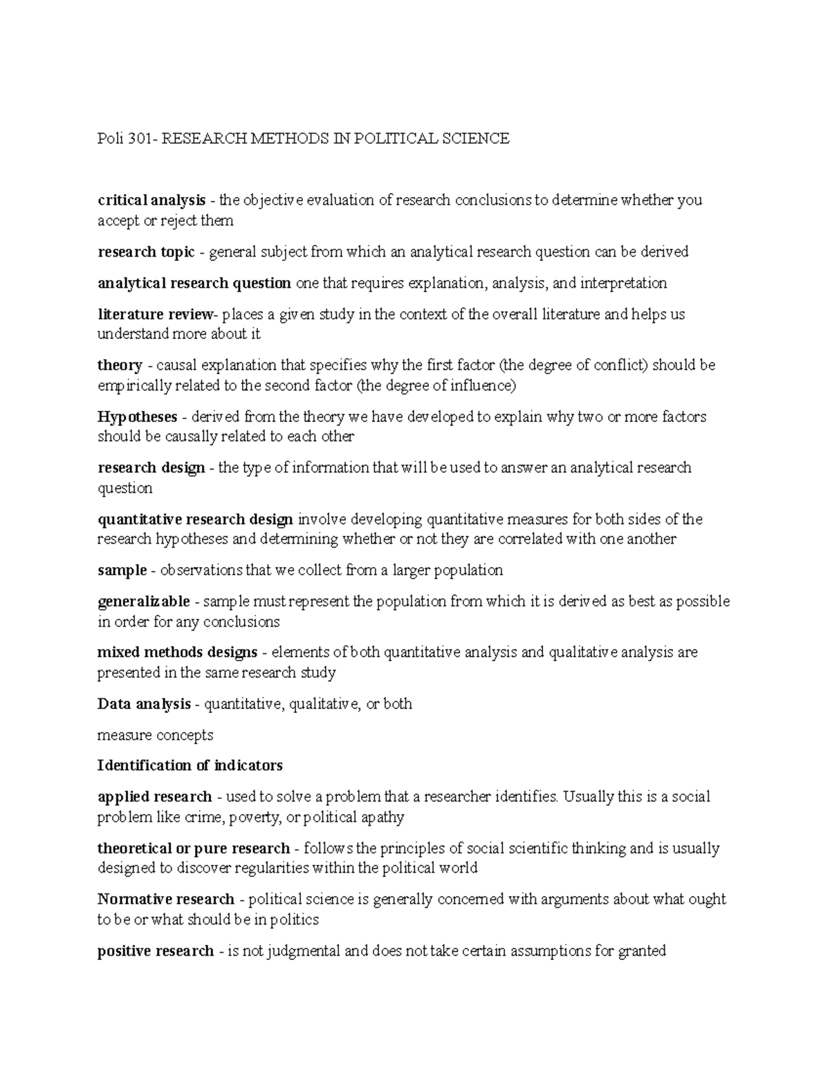 Research Methods IN Political Science Poli 301 RESEARCH METHODS IN