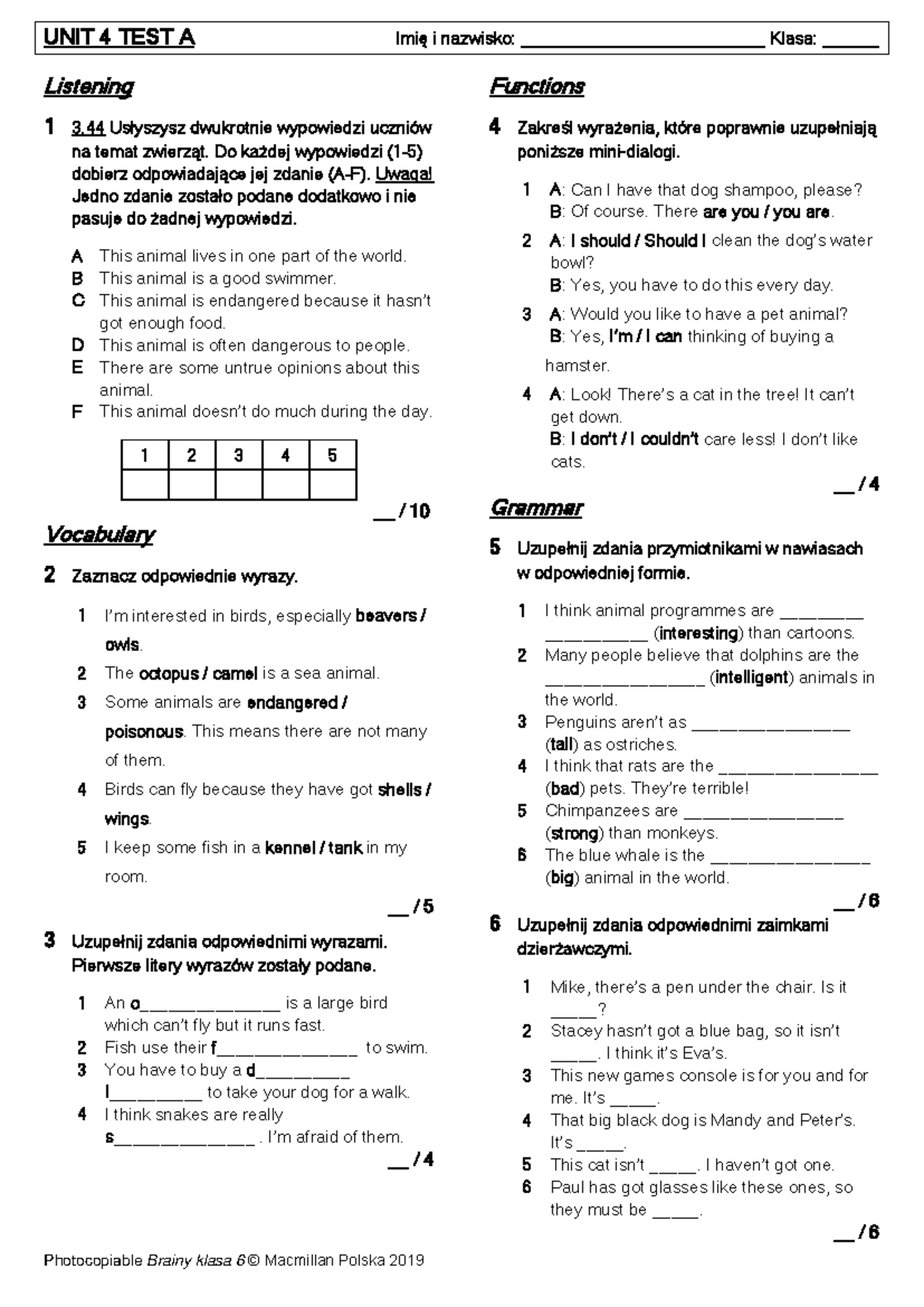 Brainy Kl6 Unit Test 4 A - Sprawdzian - UNIT 4 TEST A Imię I Nazwisko