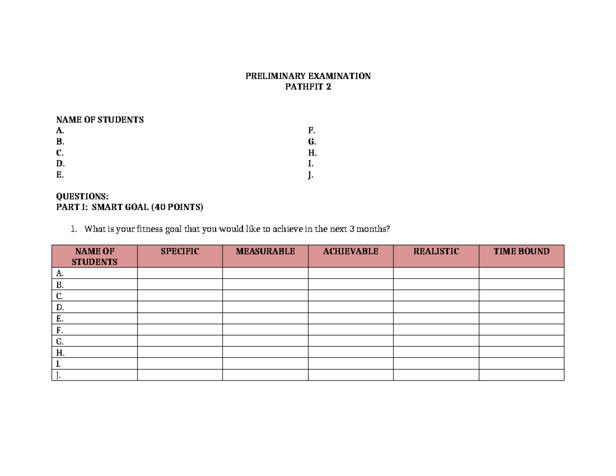 Preliminary- Examination - PRELIMINARY EXAMINATION PATHFIT 2 NAME OF ...